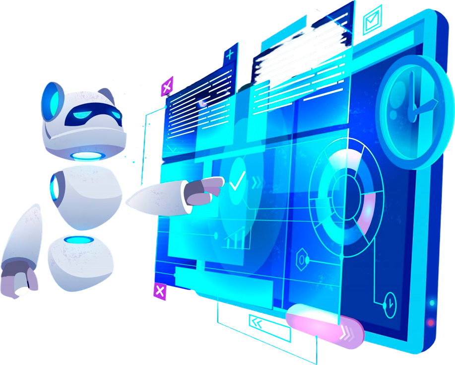 Robôs de Inteligência Artificial trabalhando em computadores